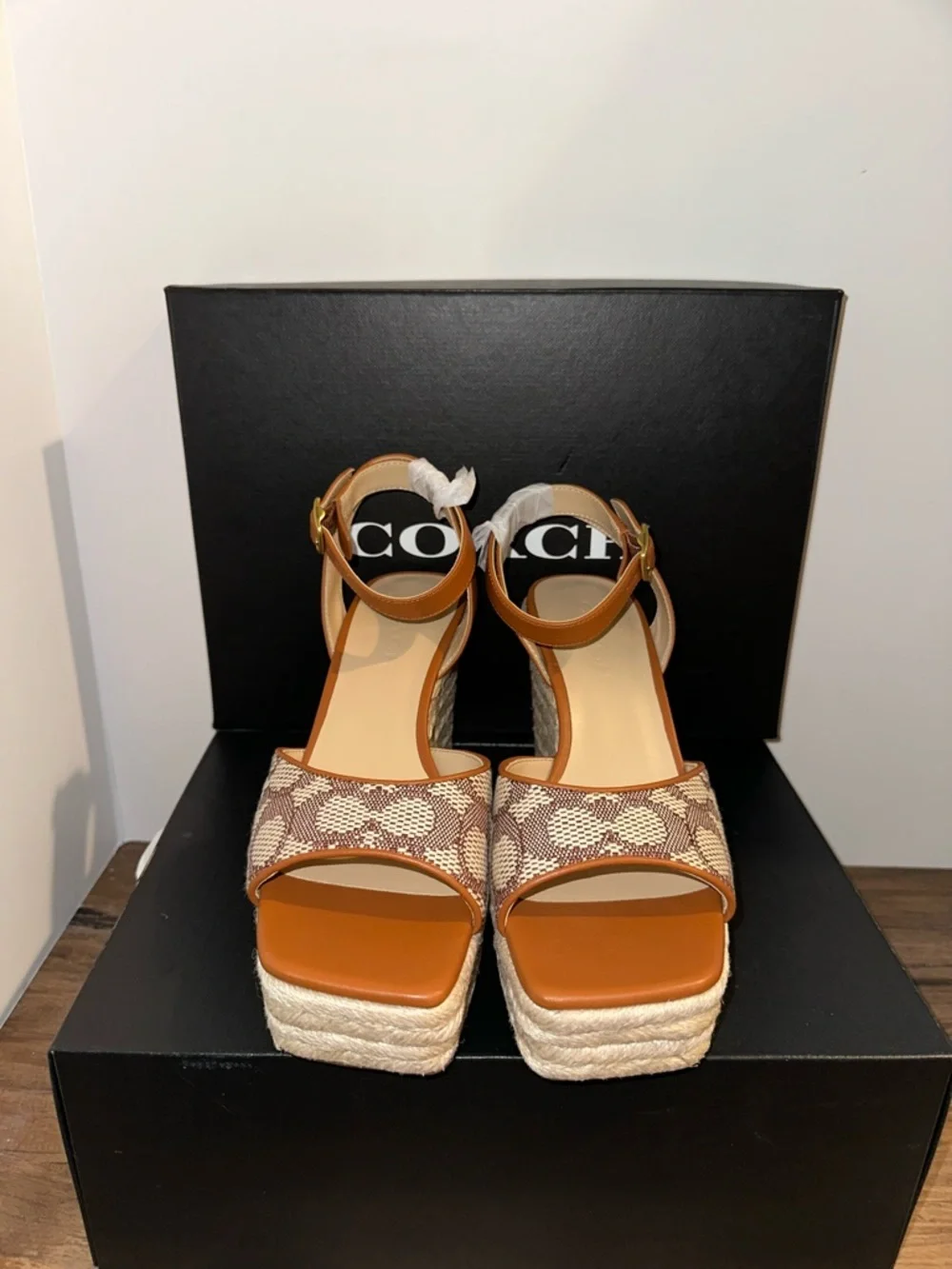 COACH Tan & Signature Canvas Espadrille Wedge Sandals - Picture 3 of 6